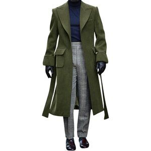 💫 Men Green Long Casual Trench Coat Notched Collar Warm Winter Pockets Jackets